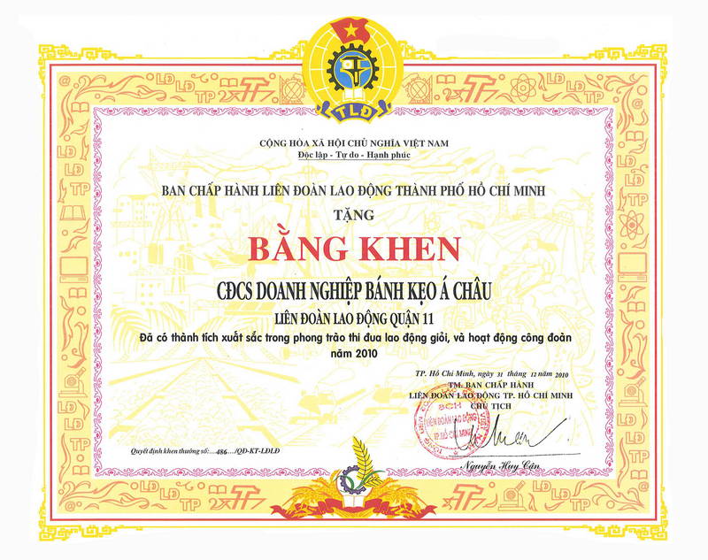 Bằng Khen Từ Ban Chấp Hành Liên Đoàn Lao Động TP HCM về Xuất sắc trong phong trào thi đua lao động giỏi, và hoạt động công đoàn 2010