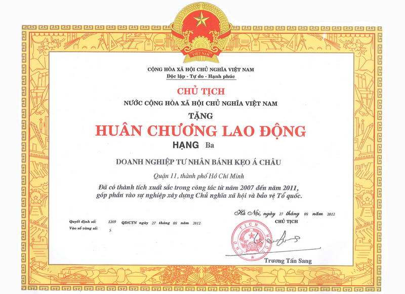 Huân Chương Lao Động Hạng Ba 2012