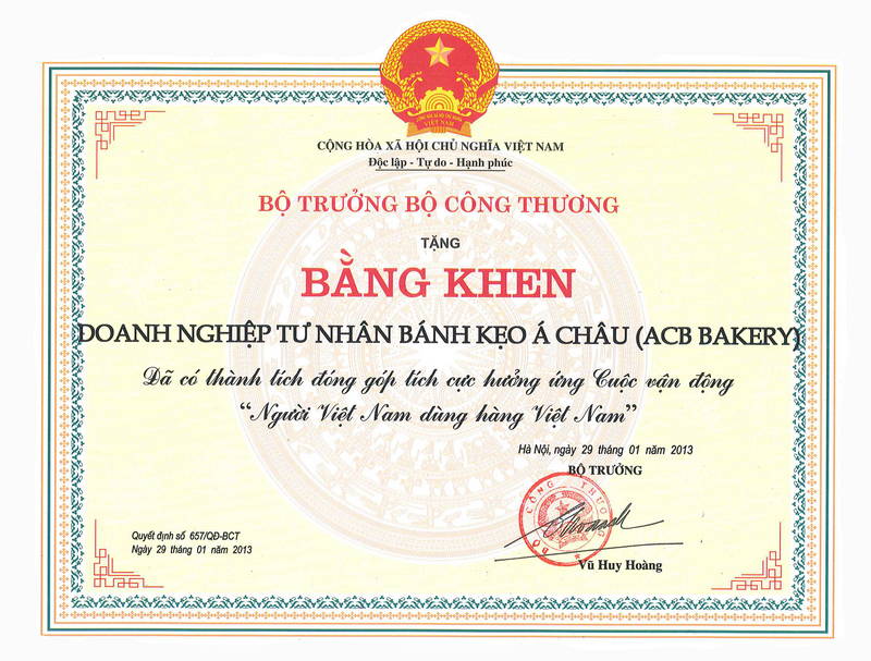 Bằng Khen từ Bộ Trưởng Bộ Công Thương cho tích cực hưởng ứng Cuộc vận động Người Việt Nam dùng hàng Việt Nam 2013