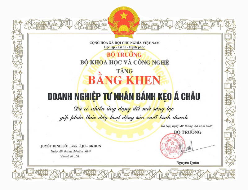 ằng Khen từ Bộ Khoa Học và Công Nghệ cho Có nhiều ứng dụng đổi mới và sáng tạo 2014