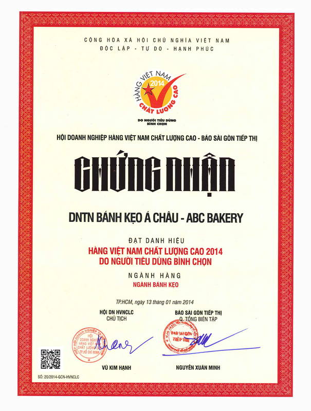 Chứng nhận Hàng Việt Nam Chất Lượng Cao của báo Sài Gòn Tiếp Thị 2014